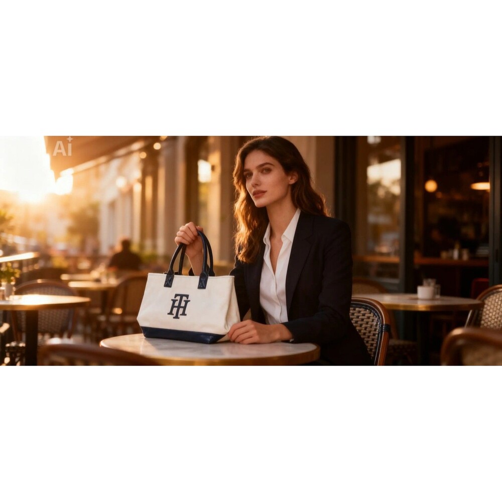 White Navy Logo Monogram Tote Bag Patent Finish Double Handles Open Top